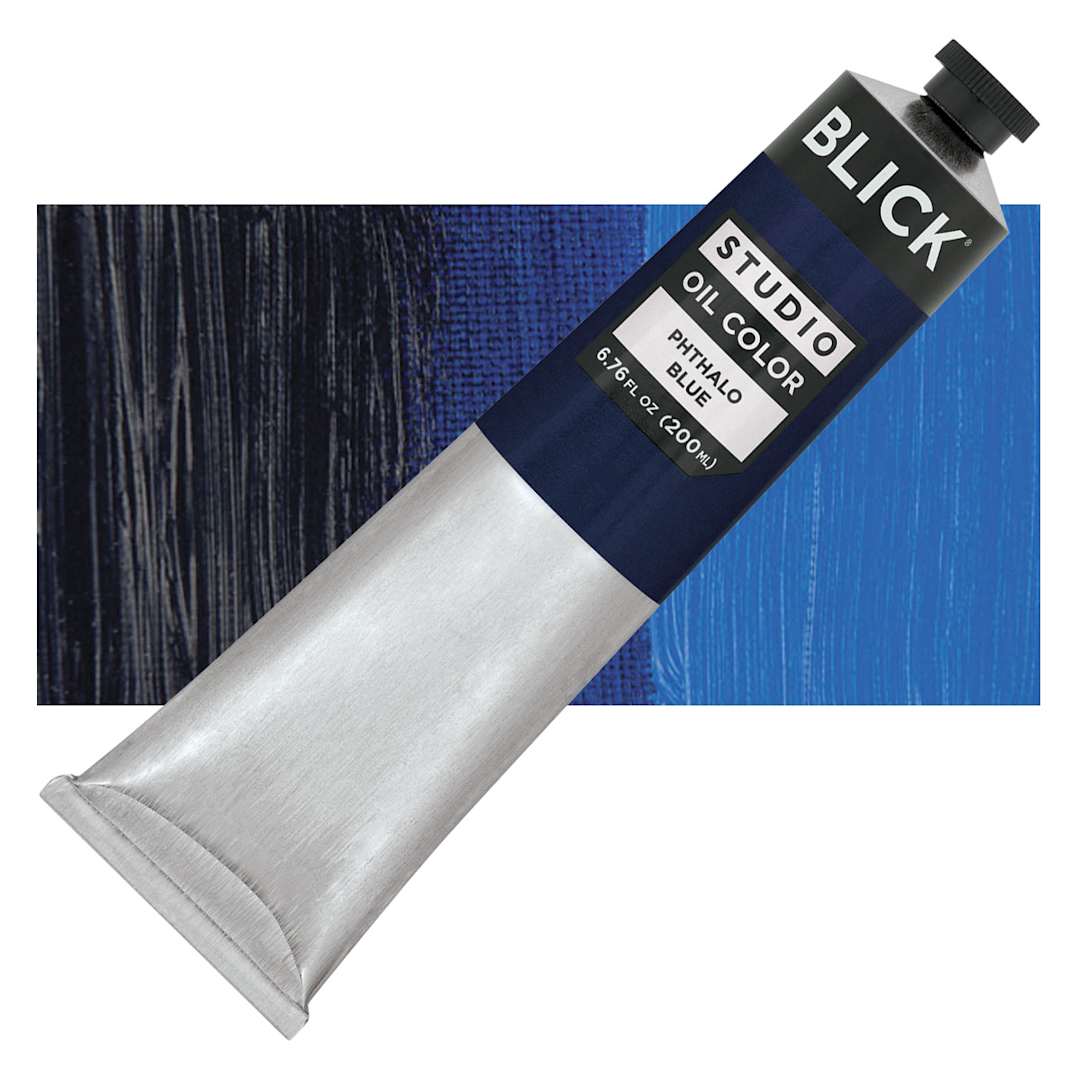 Open in modal - Blick Studio Oil Paint - Phthalo Blue, 200 ml tube and swatch