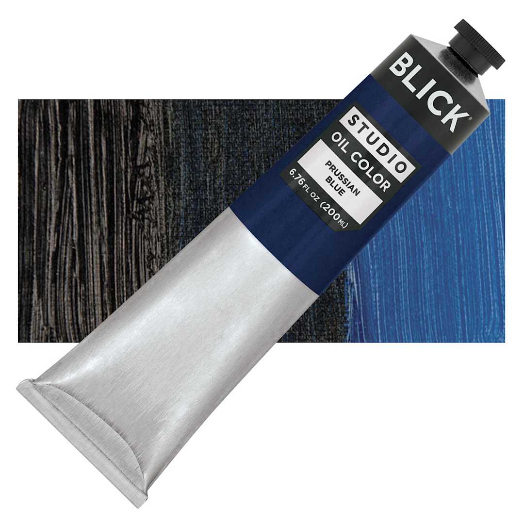 Open in modal - Blick Studio Oil Paint - Prussian Blue, 200 ml tube and swatch