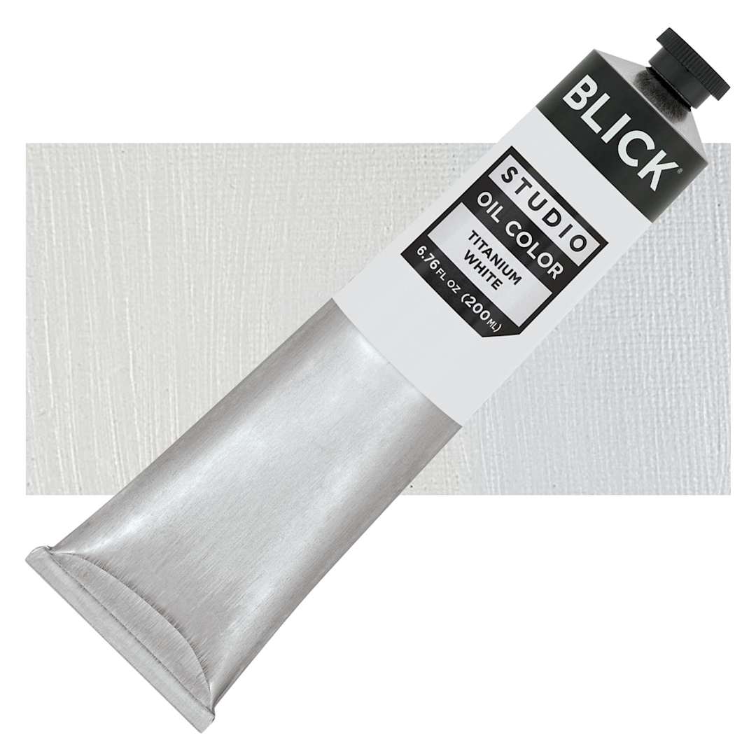 Open in modal - Blick Studio Oil Paint - Titanium White, 200 ml tube and swatch
