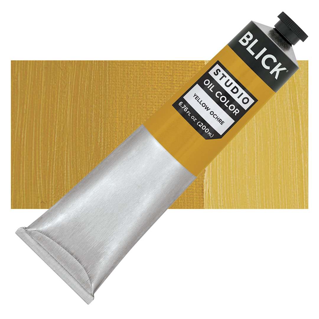 Open in modal - Blick Studio Oil Paint - Yellow Ochre, 200 ml tube and swatch