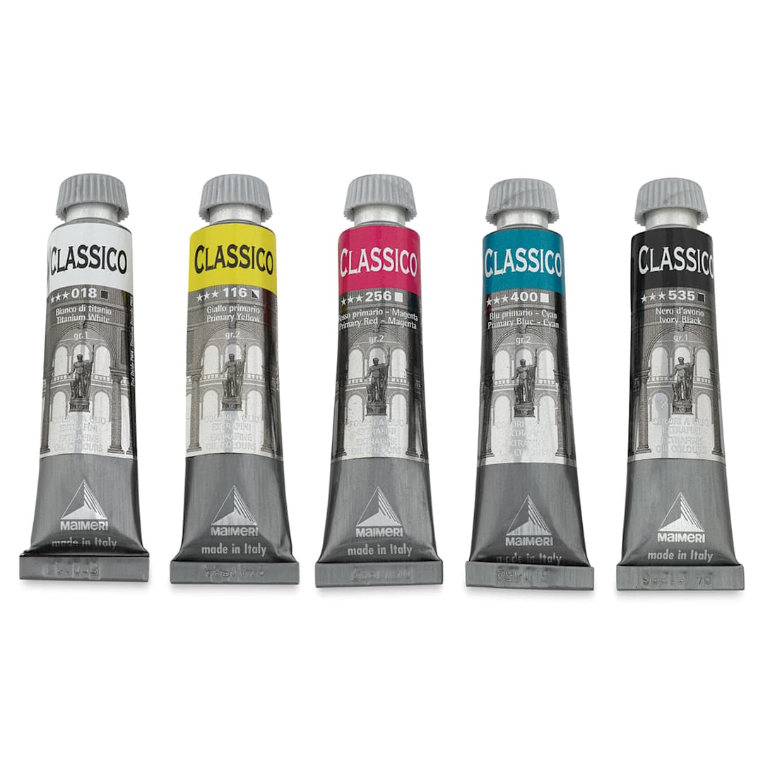 Open in modal - Maimeri Classico Oil Colors - Set of 5 Primary Color 20 ml tubes shown upright