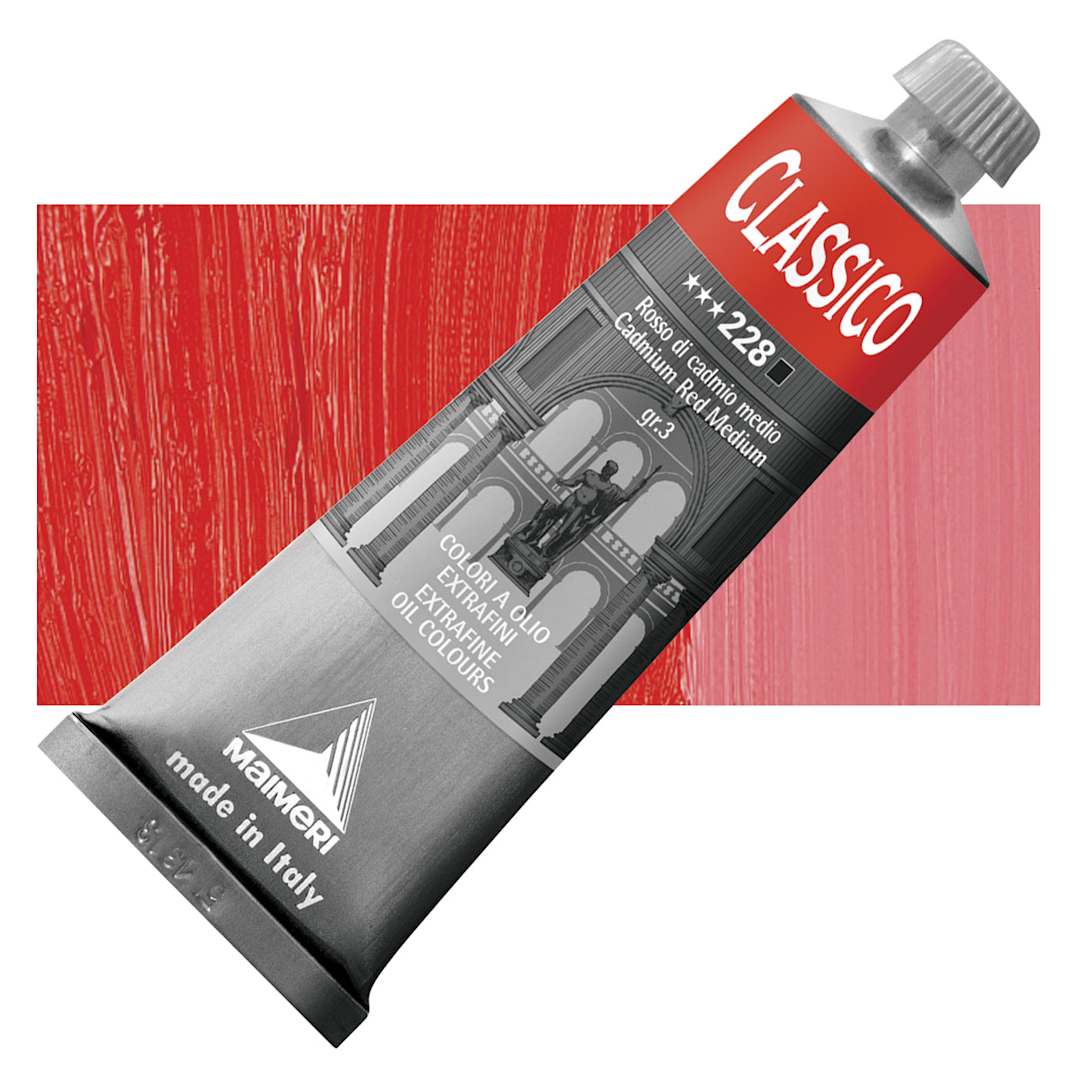 Open in modal - Maimeri Classico Oil Color - Cadmium Red Medium, 60 ml tube and swatch