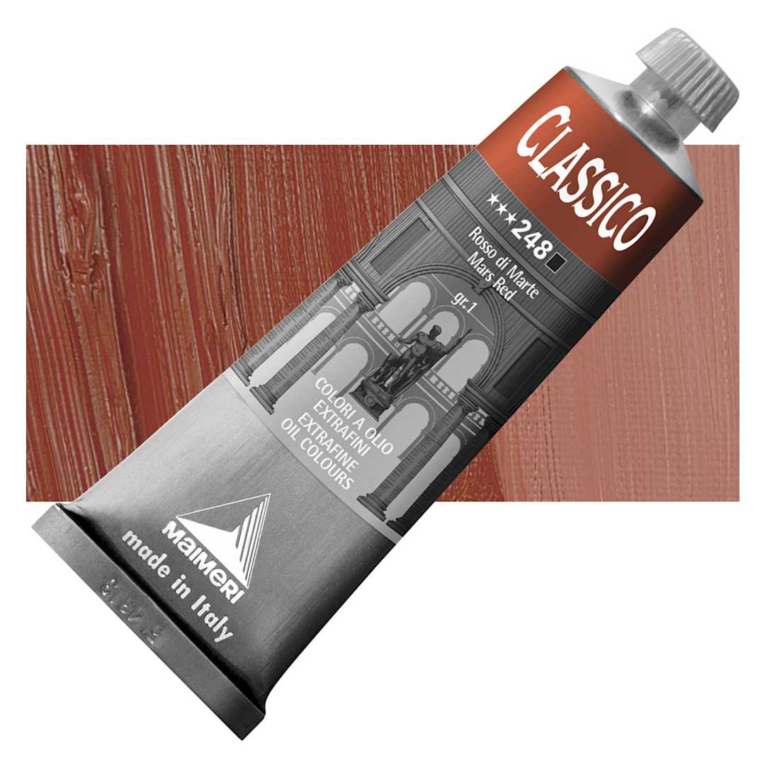Open in modal - Maimeri Classico Oil Color - Mars Red, 60 ml tube and swatch