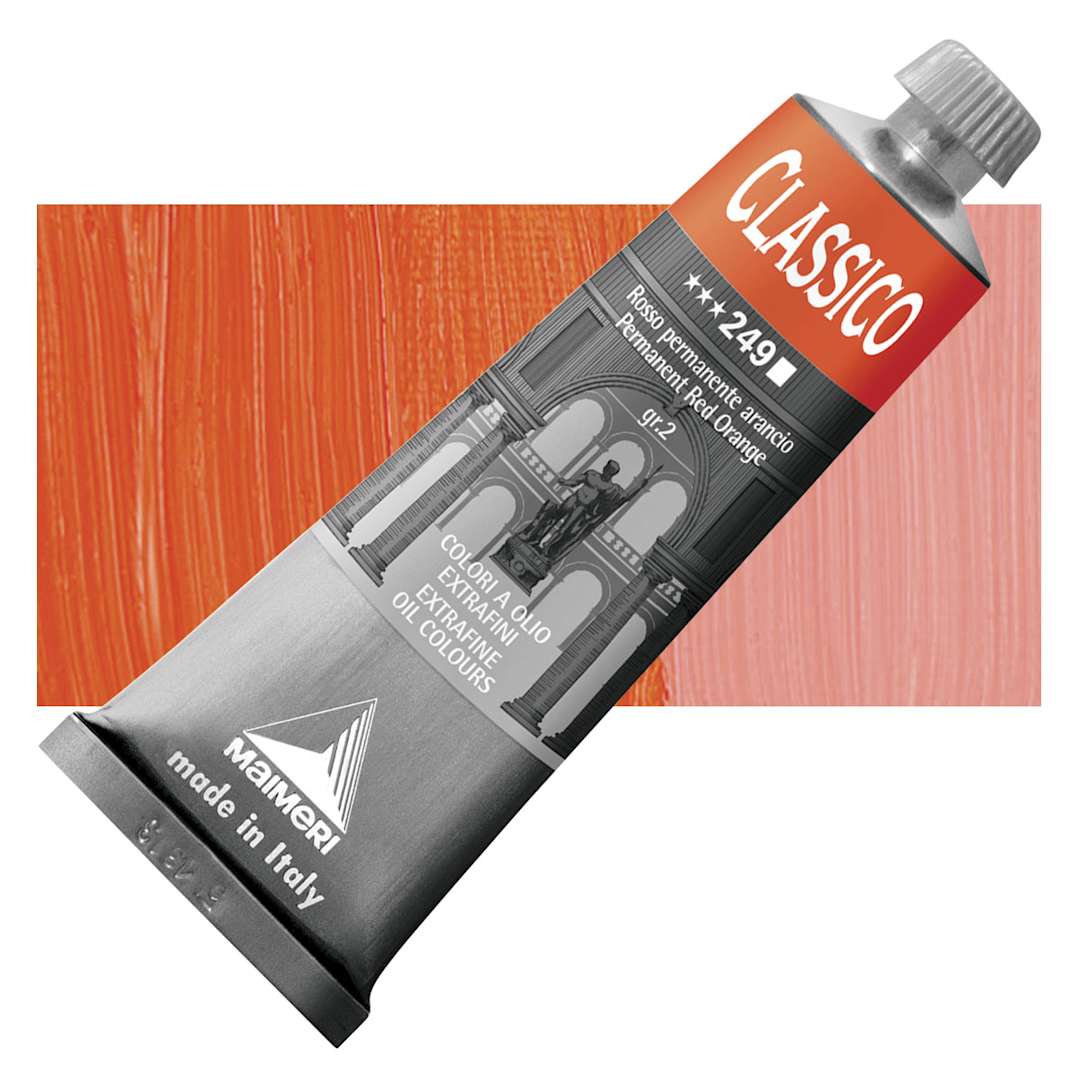 Open in modal - Maimeri Classico Oil Color - Permanent Red Orange, 60 ml tube and swatch