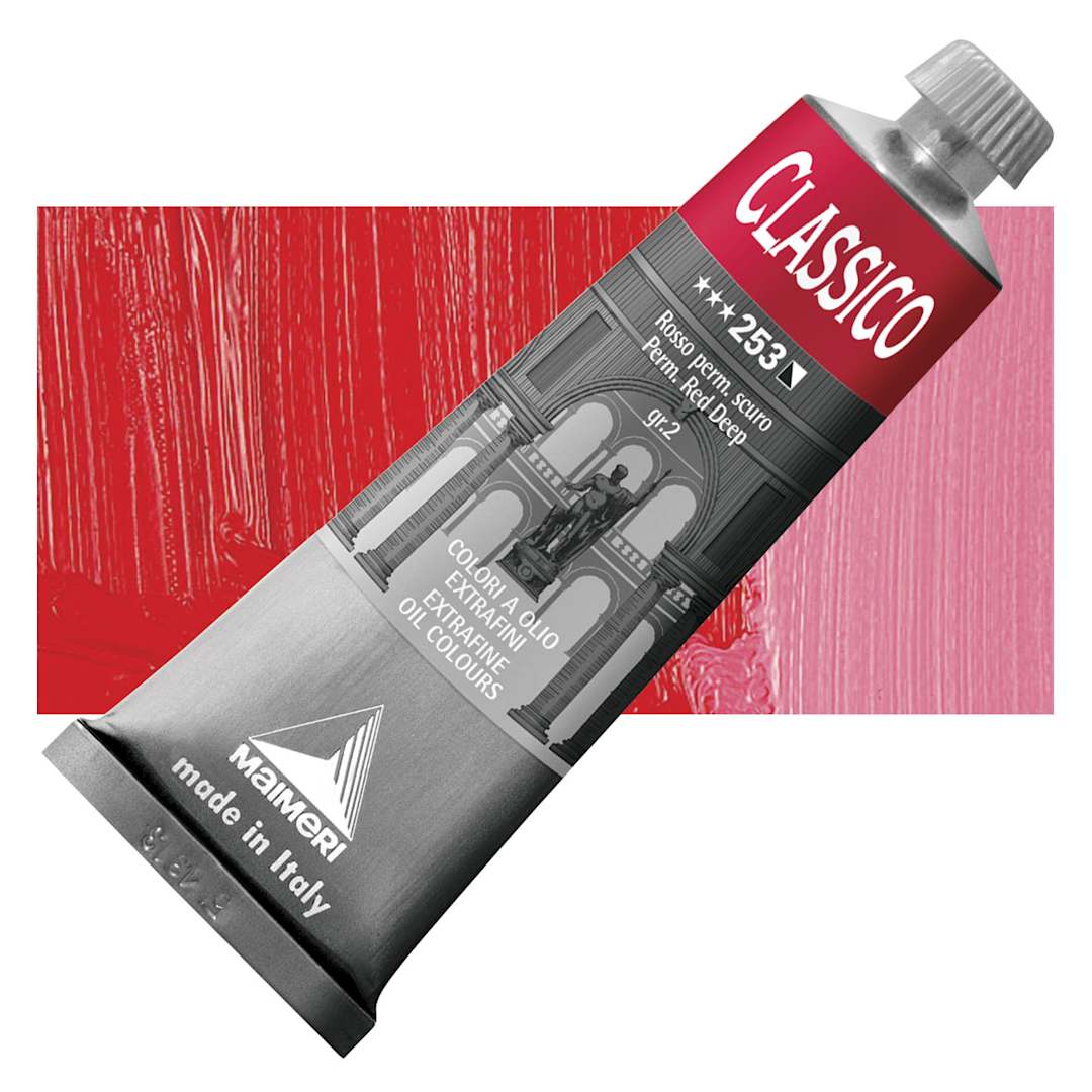 Open in modal - Maimeri Classico Oil Color - Permanent Red Deep, 60 ml tube and swatch