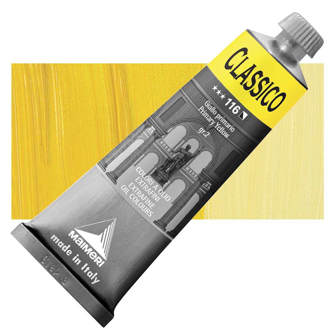 Open in modal - Maimeri Classico Oil Color - Primary Yellow, 60 ml tube and swatch