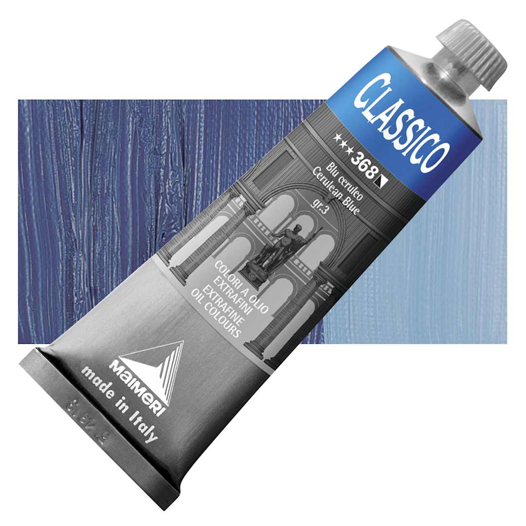 Open in modal - Maimeri Classico Oil Color - Cerulean Blue, 60 ml tube and swatch