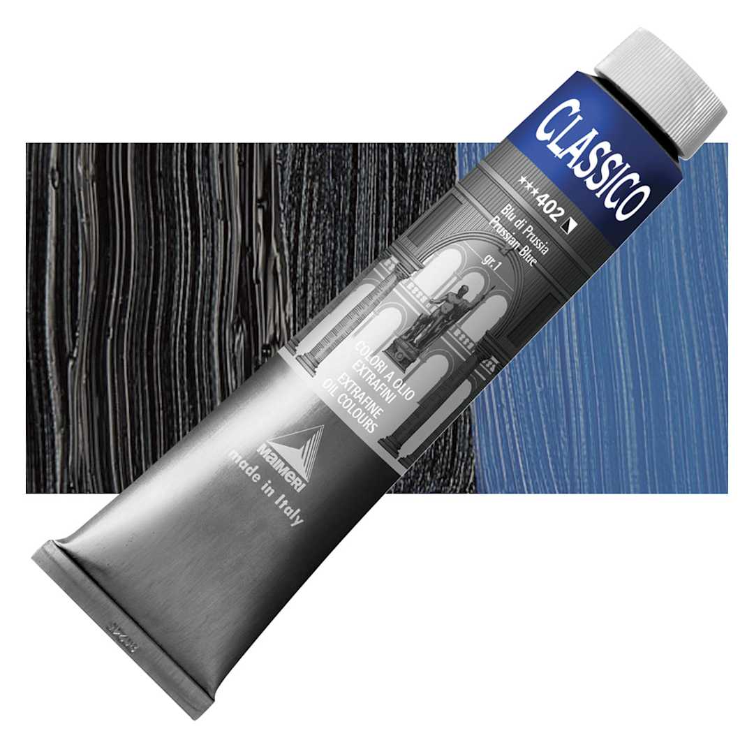 Open in modal - Maimeri Classico Oil Color - Prussian Blue, 200 ml tube and swatch