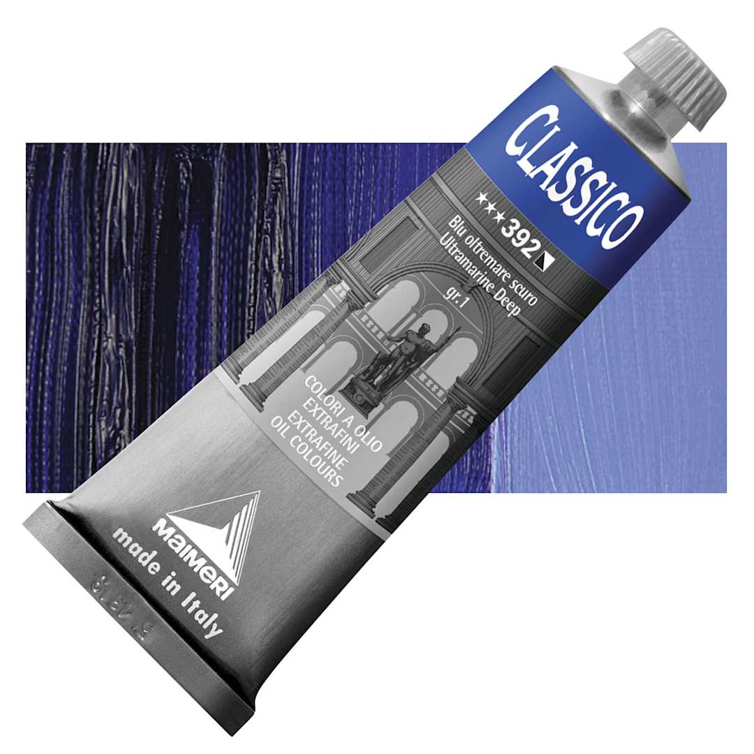 Open in modal - Maimeri Classico Oil Color - Ultramarine Deep, 60 ml tube and swatch