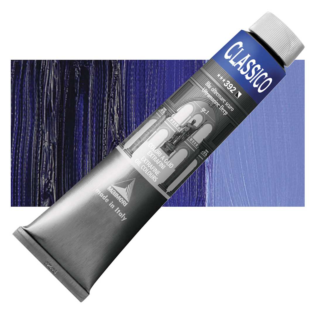 Open in modal - Maimeri Classico Oil Color - Ultramarine Deep, 200 ml tube and swatch