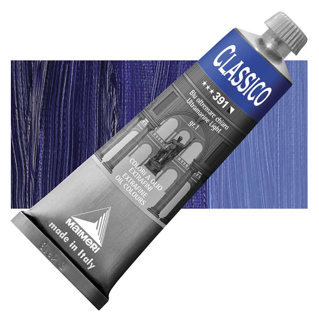 Open in modal - Maimeri Classico Oil Color - Ultramarine Light, 60 ml tube and swatch