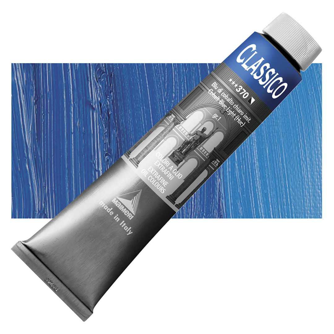 Open in modal - Maimeri Classico Oil Color - Cobalt Blue Light (Hue), 200 ml tube and swatch