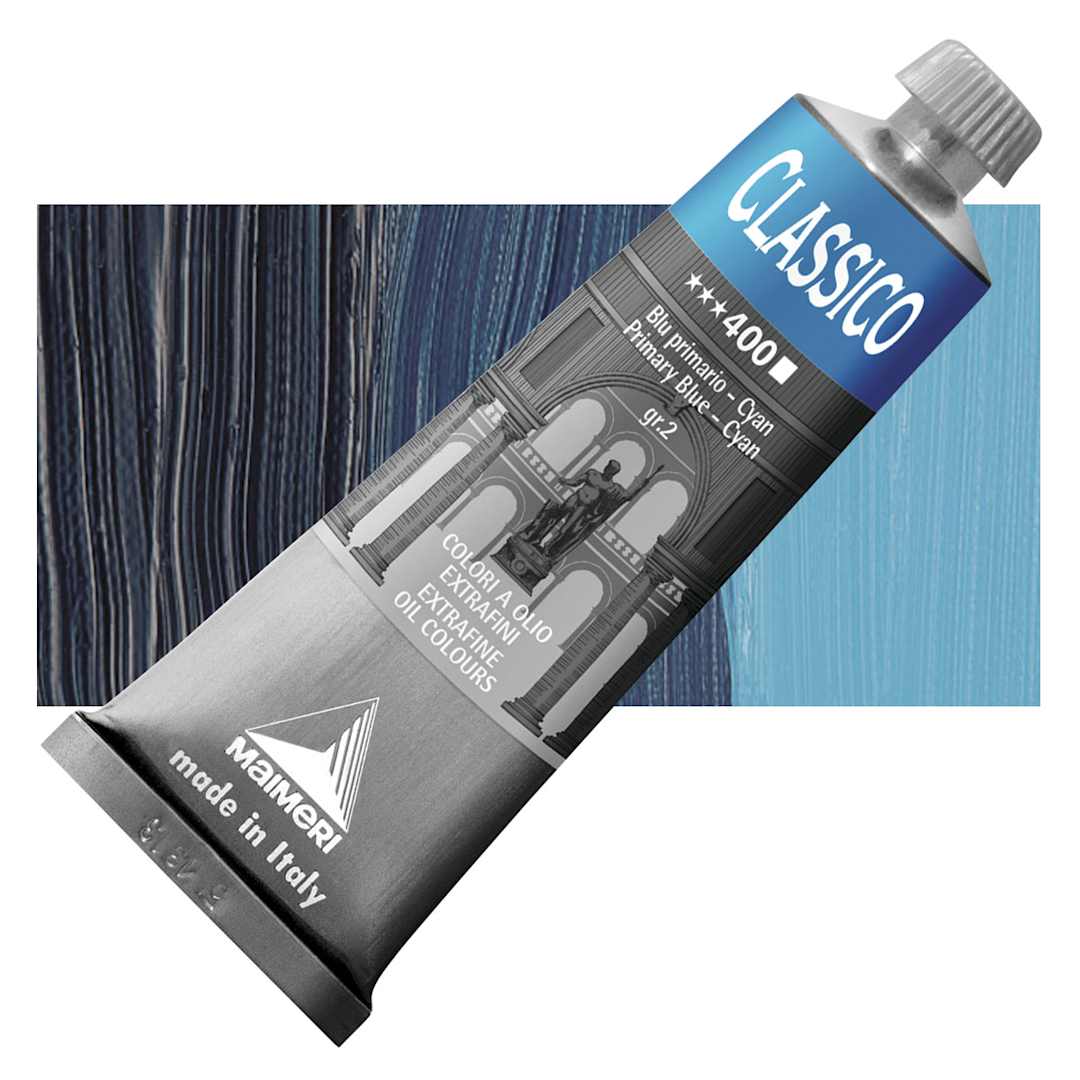 Open in modal - Maimeri Classico Oil Color - Primary Blue - Cyan, 60 ml tube and swatch