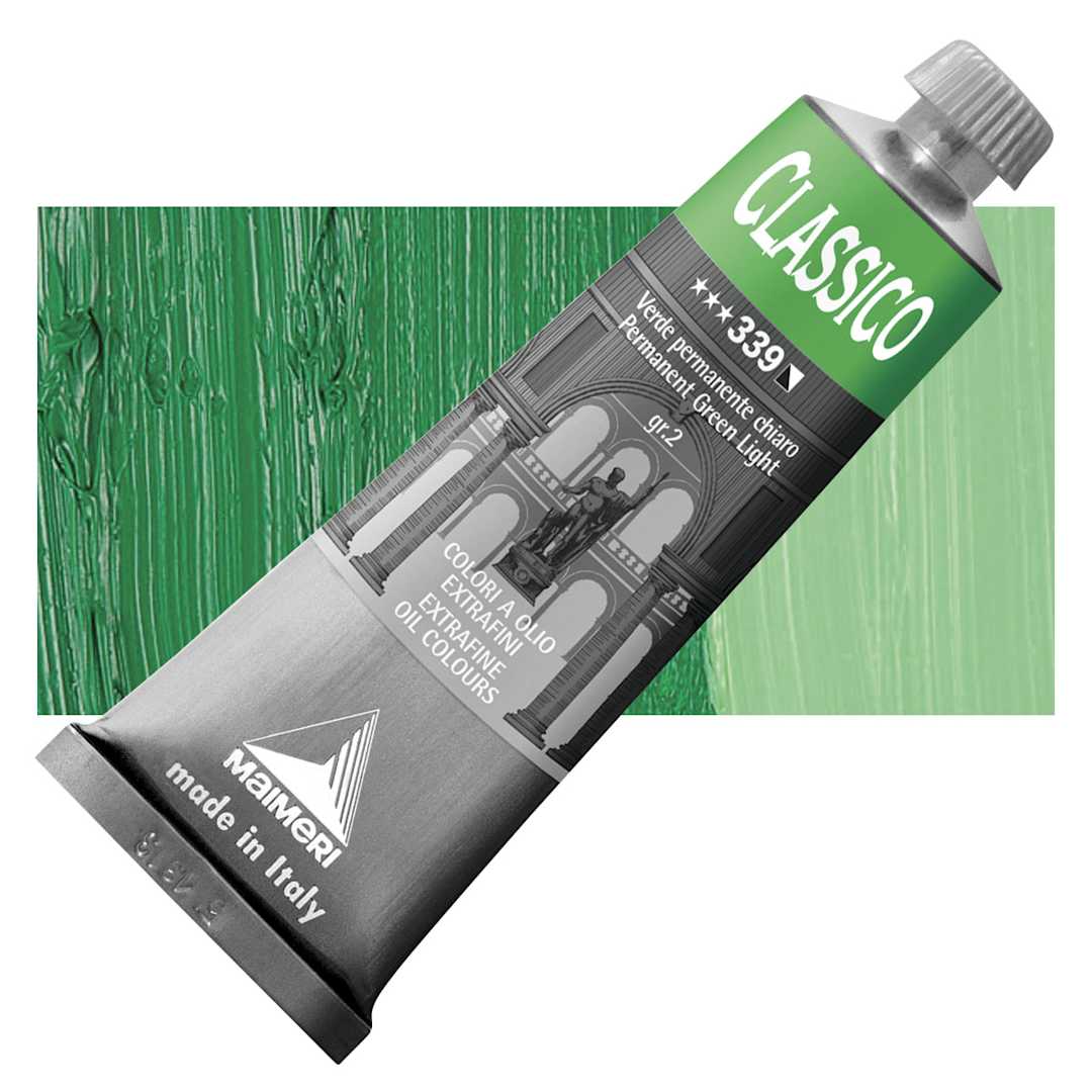 Open in modal - Maimeri Classico Oil Color - Permanent Green Light, 60 ml tube and swatch