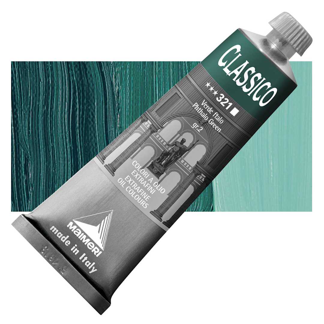 Open in modal - Maimeri Classico Oil Color - Phthalo Green, 60 ml tube and swatch