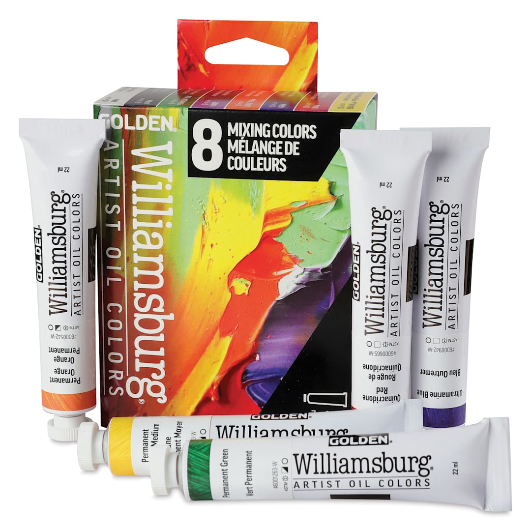 Open in modal - Williamsburg Handmade Oil Paints - Set of 8, Mixing, 22 ml Tubes, contents and packaging