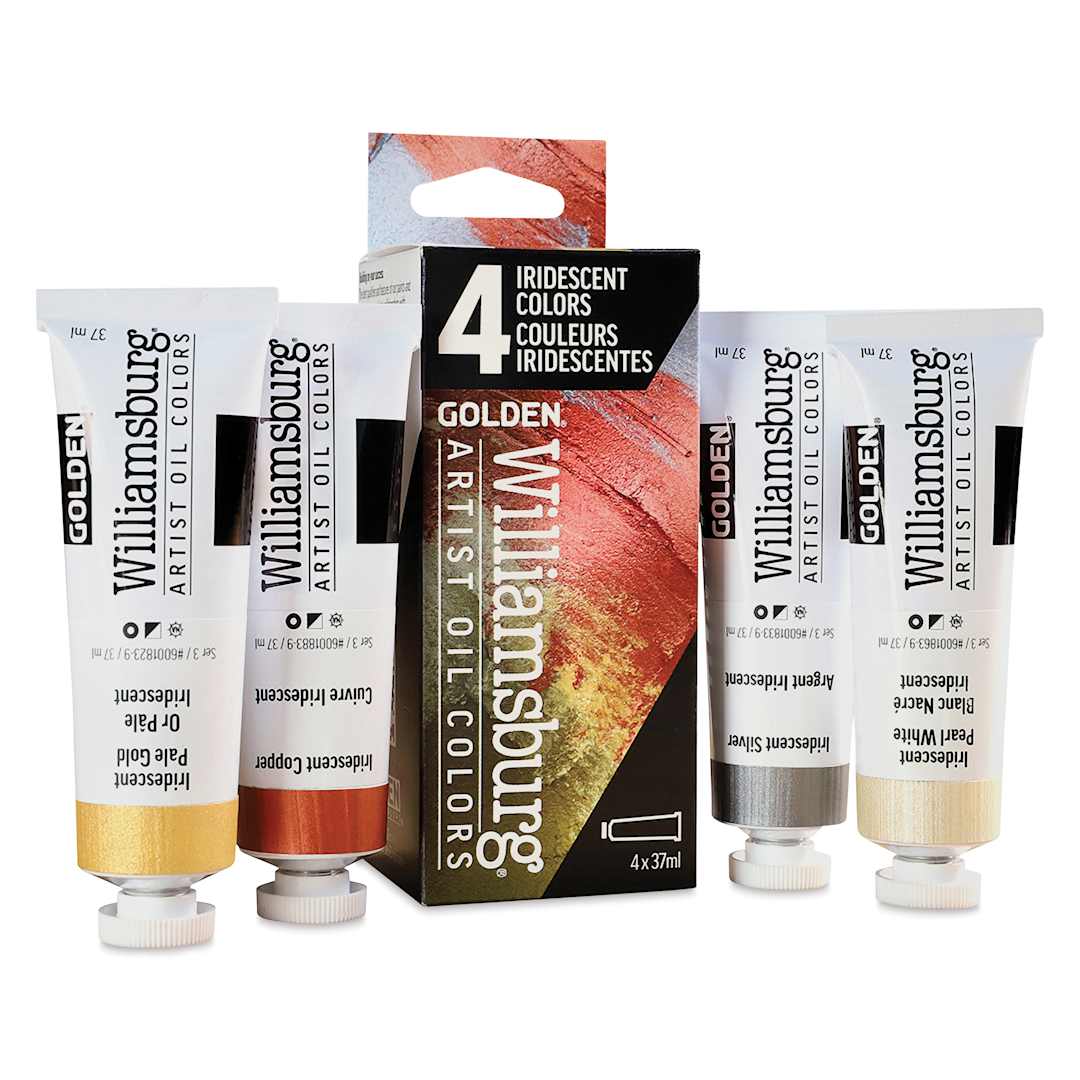 Open in modal - Williamsburg Handmade Oil Paints - Set of 4, Iridescent, 37 ml Tubes, contents and packaging