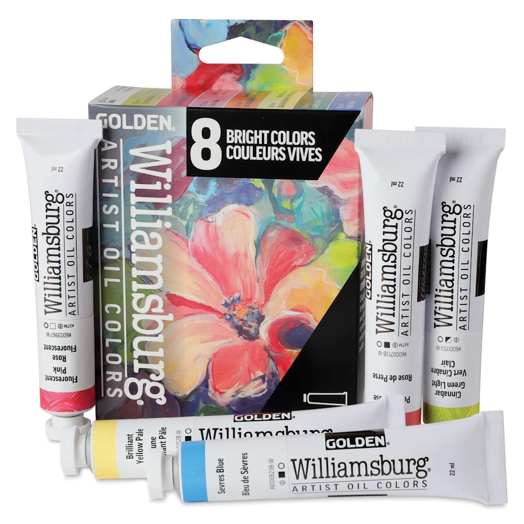 Open in modal - Williamsburg Handmade Oil Paints - Set of 8, Bright, 22 ml Tubes, contents and packaging