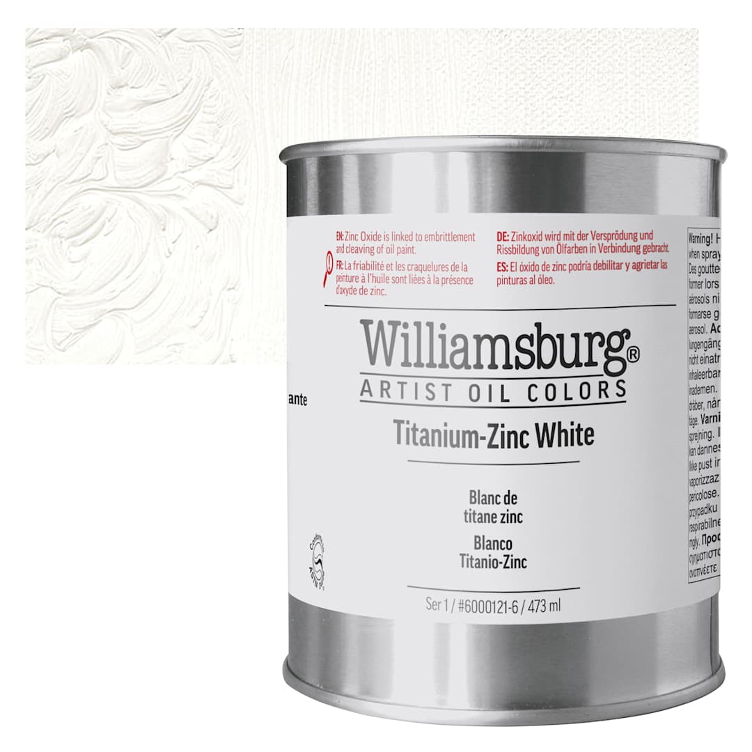 Open in modal - Williamsburg Handmade Oil Paint - Titanium Zinc White, 16 oz can and swatch