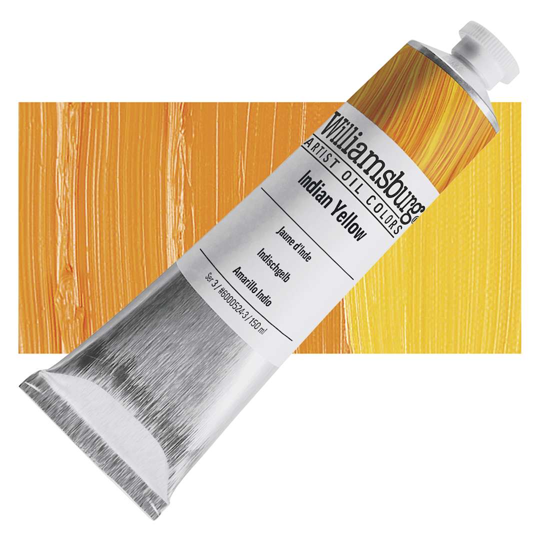 Open in modal - Williamsburg Handmade Oil Paint - Indian Yellow, 150 ml tube and swatch