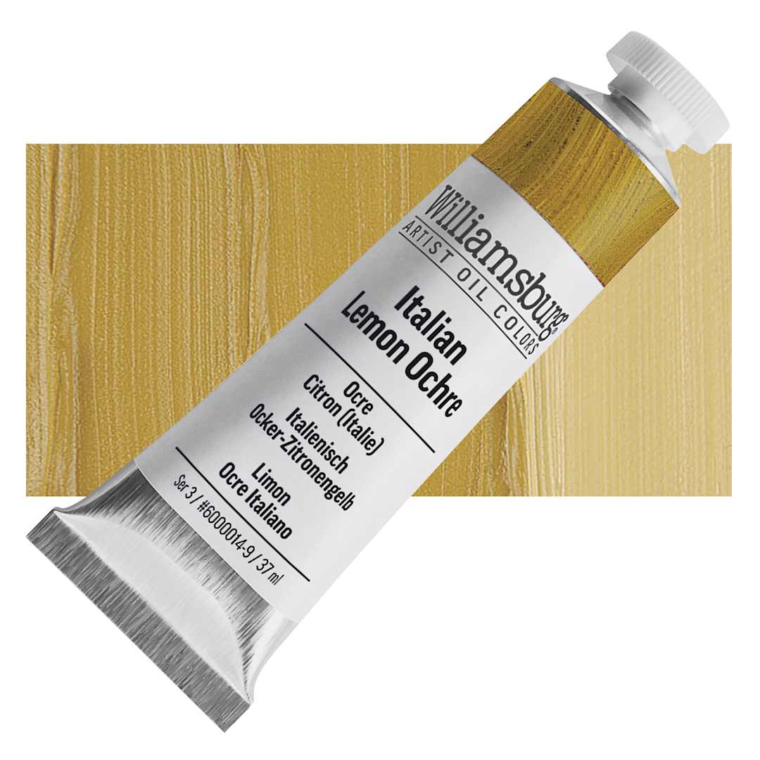 Open in modal - Williamsburg Handmade Oil Paint - Italian Lemon Ochre, 37 ml tube and swatch