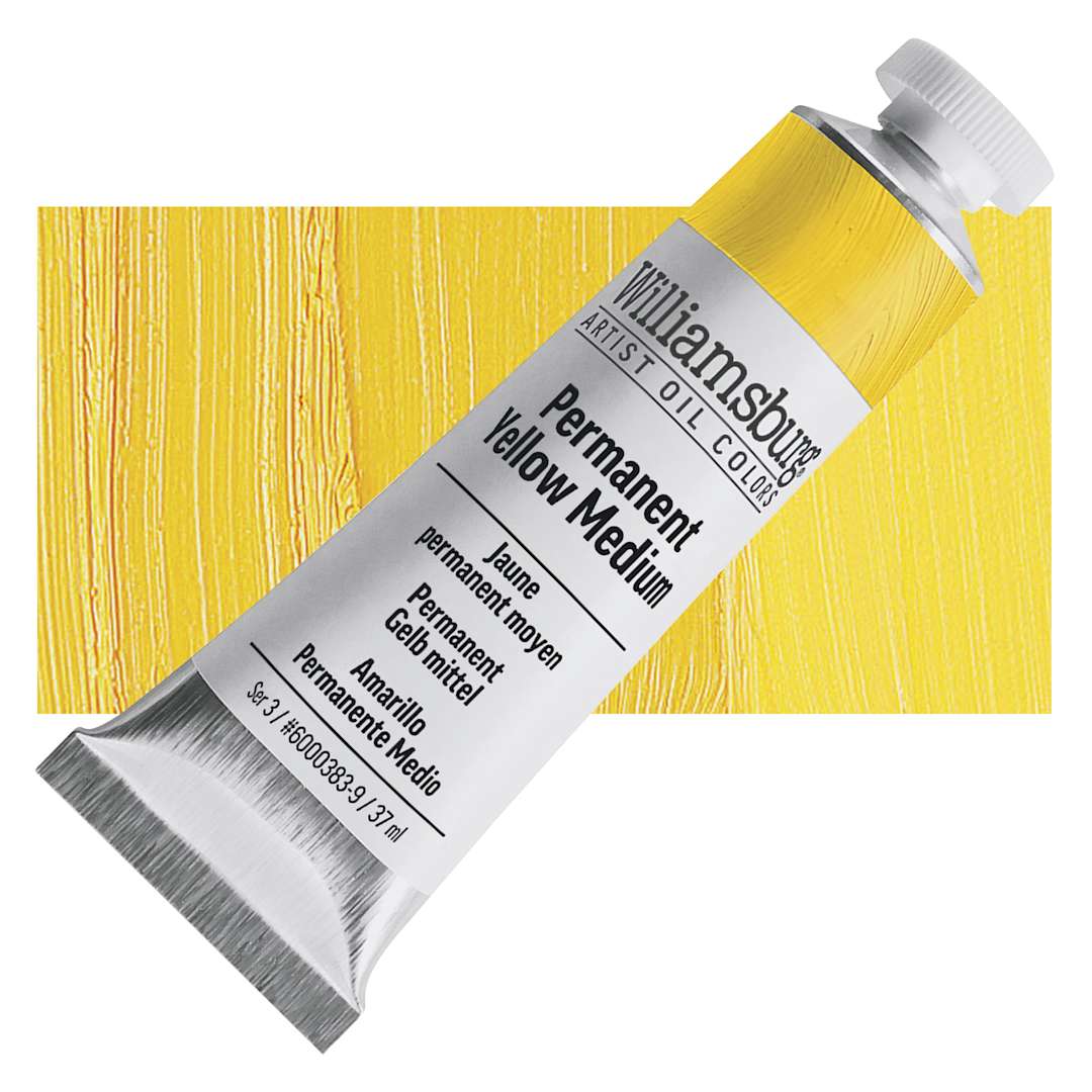 Open in modal - Williamsburg Handmade Oil Paint - Permanent Yellow Medium, 37 ml tube and swatch