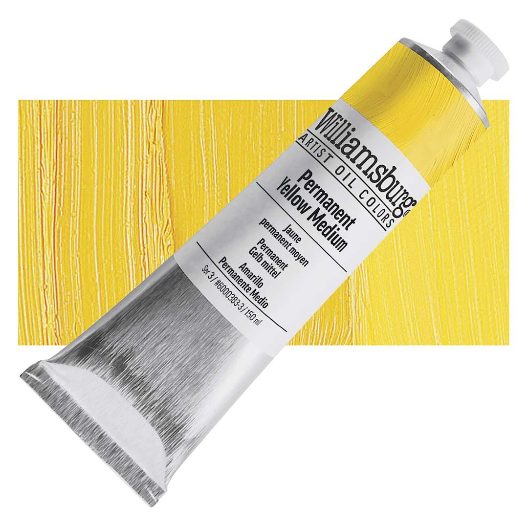 Open in modal - Williamsburg Handmade Oil Paint - Permanent Yellow Medium, 150 ml tube and swatch