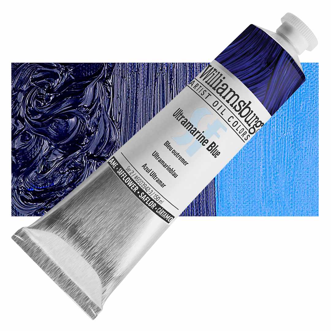 Open in modal - Williamsburg Handmade Safflower Oil Color - Ultramarine Blue, 150 ml tube and swatch