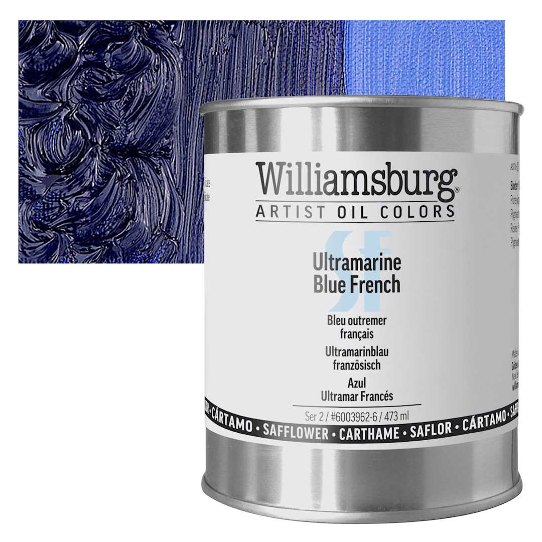 Open in modal - Williamsburg Handmade Safflower Oil Color - Ultramarine Blue French, 16 oz Can and swatch