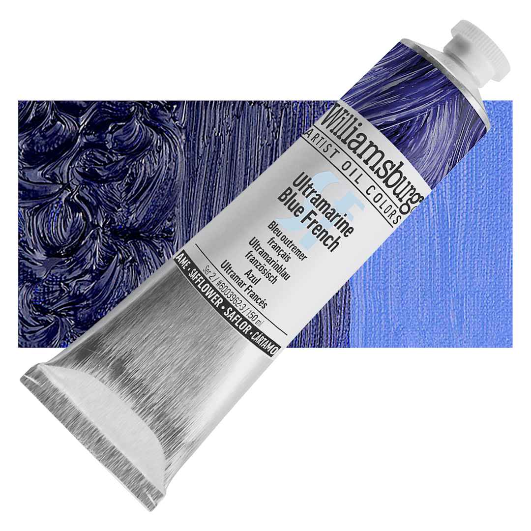 Open in modal - Williamsburg Handmade Safflower Oil Color - Ultramarine Blue French, 150 ml tube and swatch