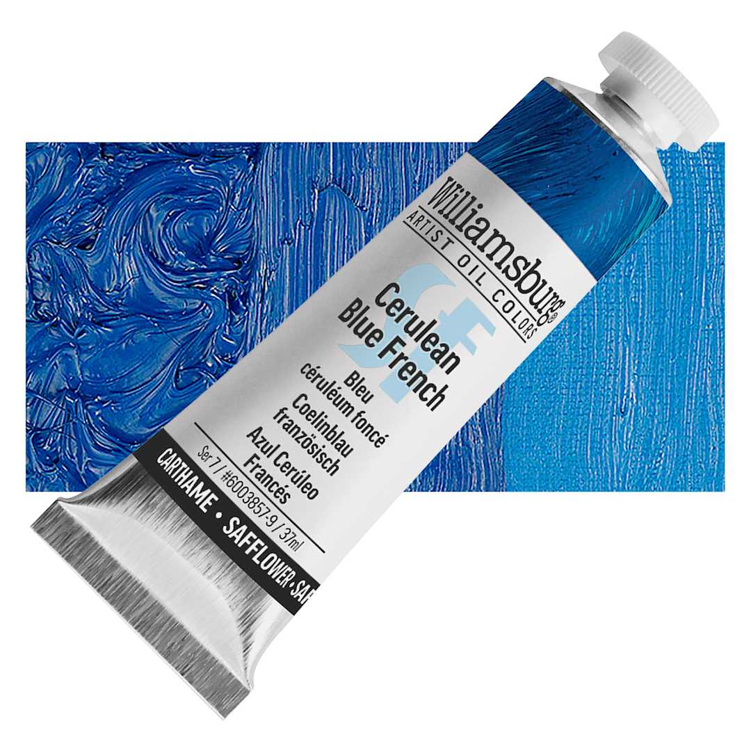 Open in modal - Williamsburg Handmade Safflower Oil Color - Cerulean Blue French, 37 ml tube and swatch