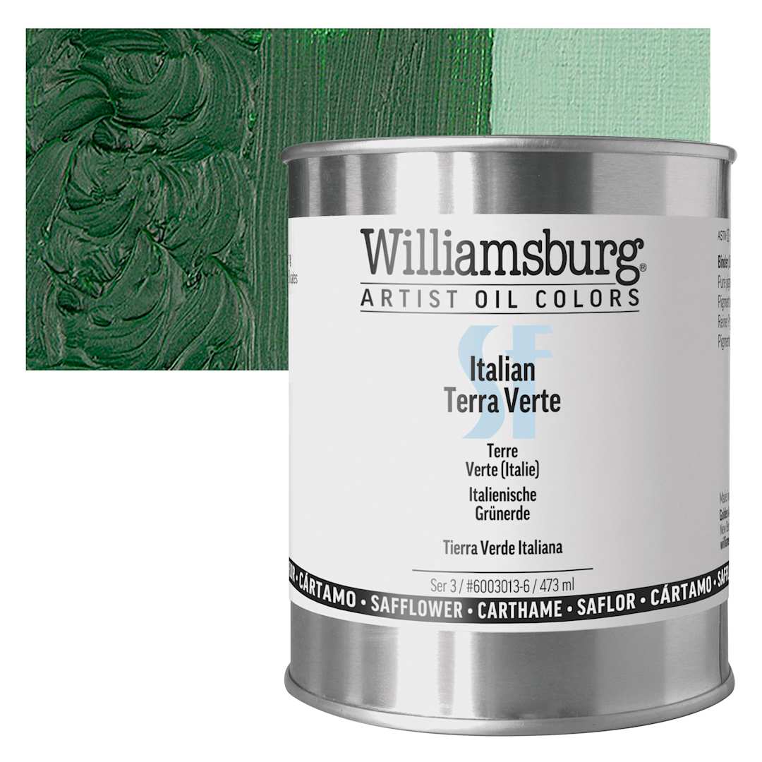 Open in modal - Williamsburg Handmade Safflower Oil Color - Italian Terra Verte, 16 oz can and swatch