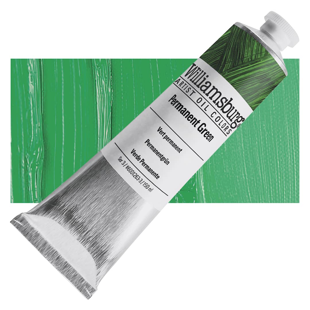 Open in modal - Williamsburg Handmade Oil Paint - Permanent Green, 150 ml tube and swatch