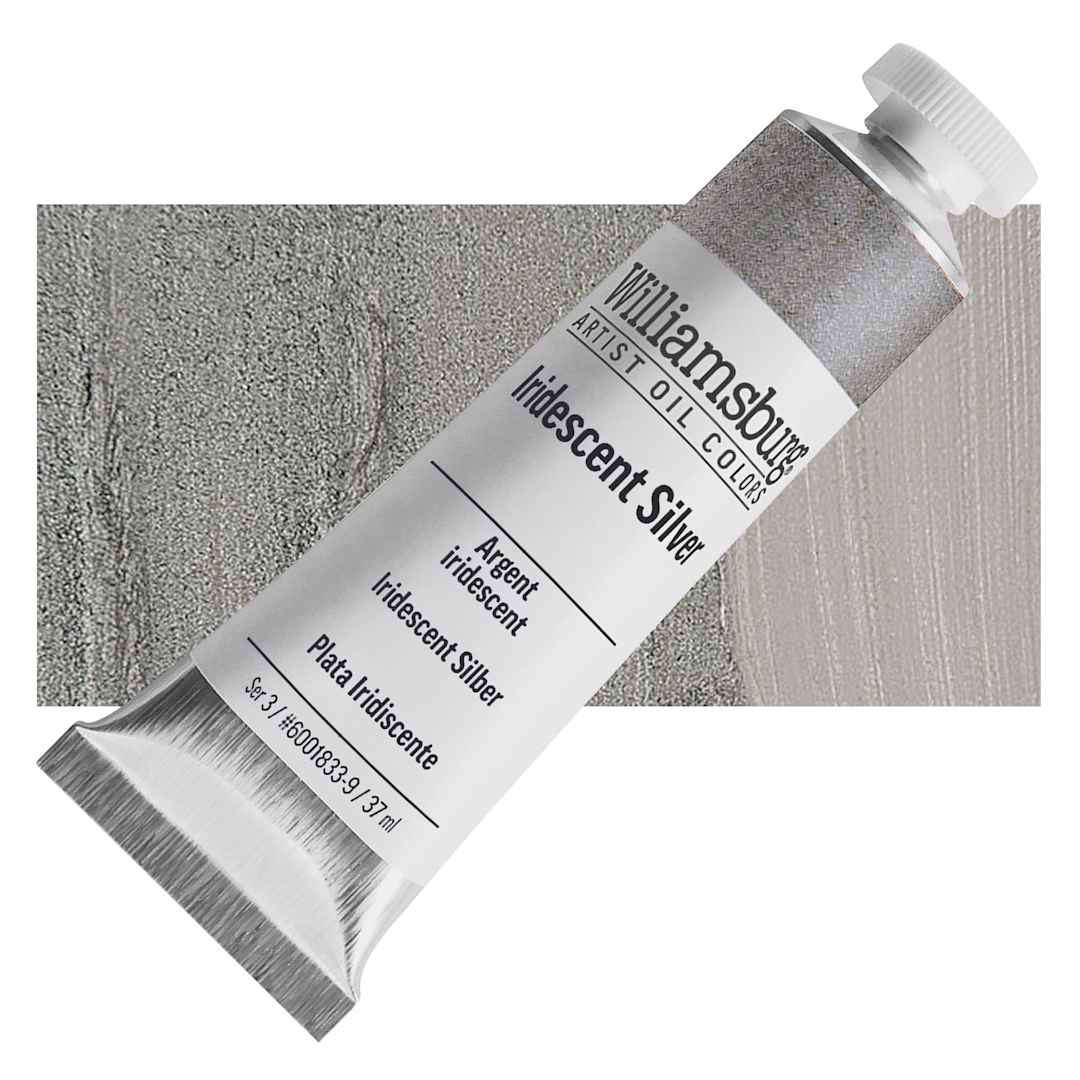 Open in modal - Williamsburg Handmade Oil Paint - Iridescent Silver, 37 ml tube and swatch