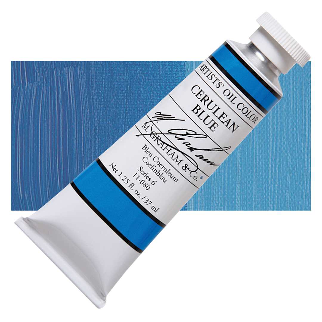 Open in modal - M. Graham Artists' Oil Color - Cerulean Blue, 37 ml tube and swatch