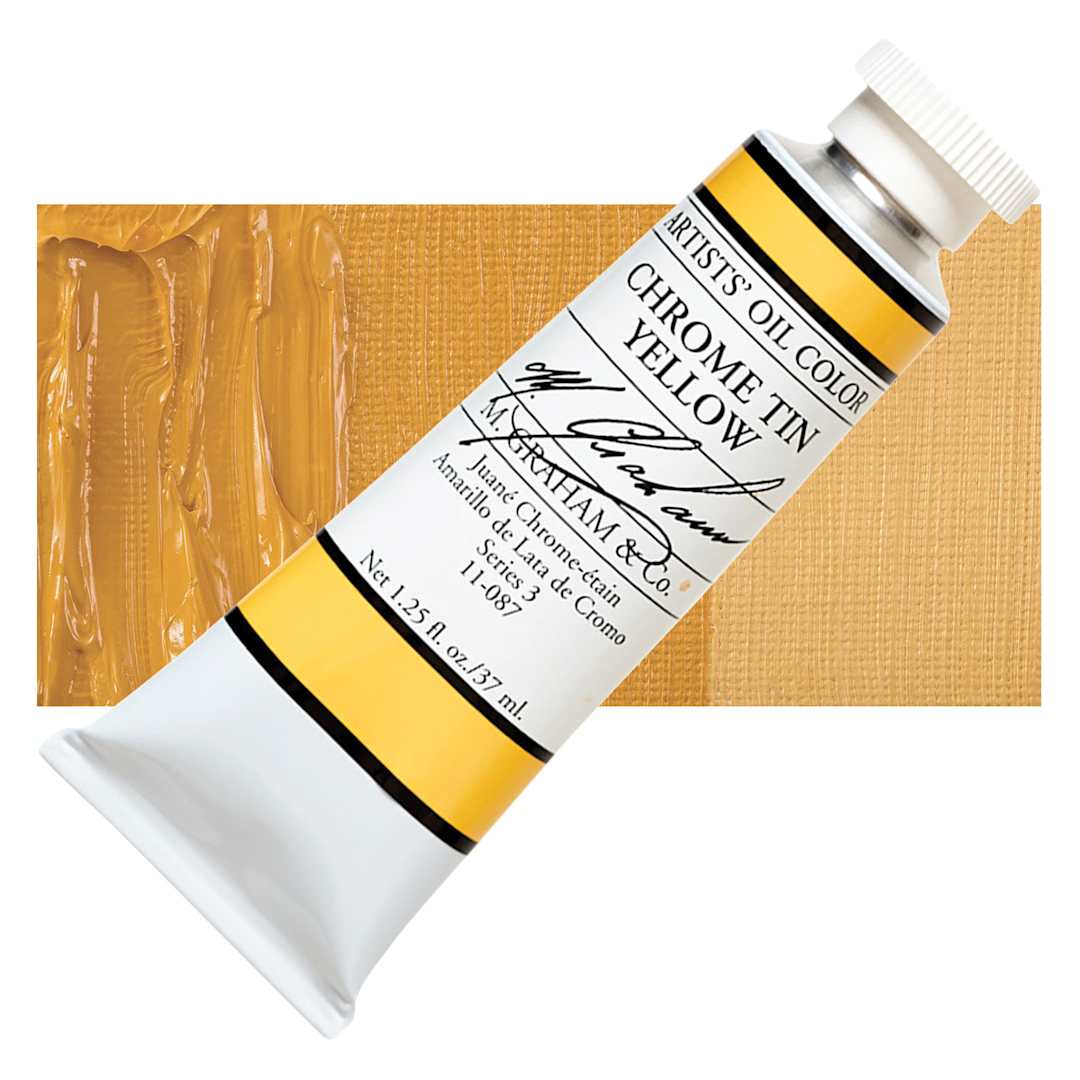 Open in modal - M. Graham Artists' Oil Color - Chrome Tin Yellow, 37 ml tube and swatch