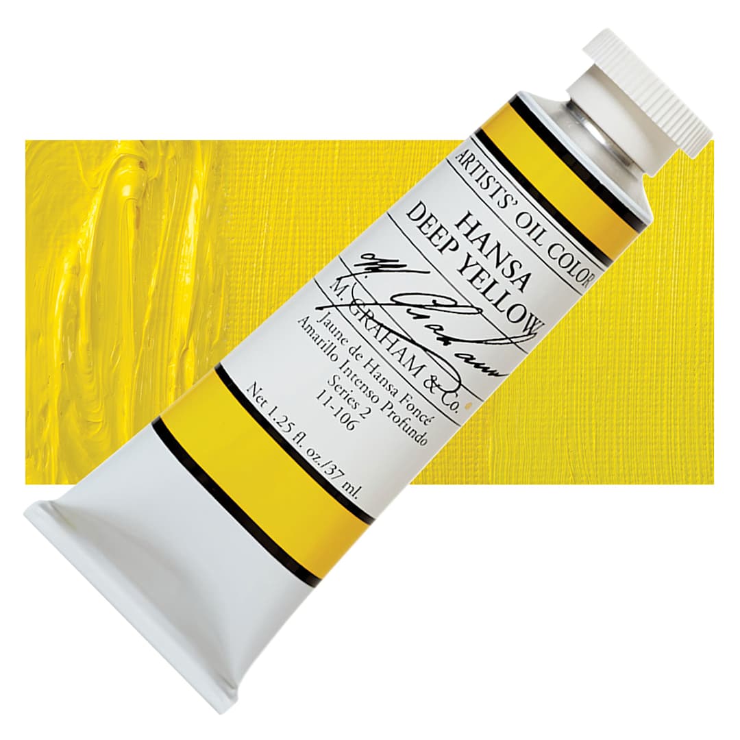 Open in modal - M. Graham Artists' Oil Color - Hansa Yellow Deep, 37 ml tube and swatch