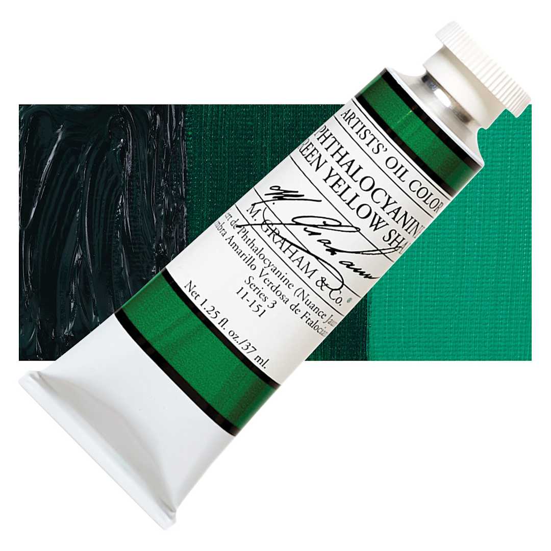 Open in modal - M. Graham Artists' Oil Color - Phthalocyanine Green Yellow Shade, 37 ml tube and swatch