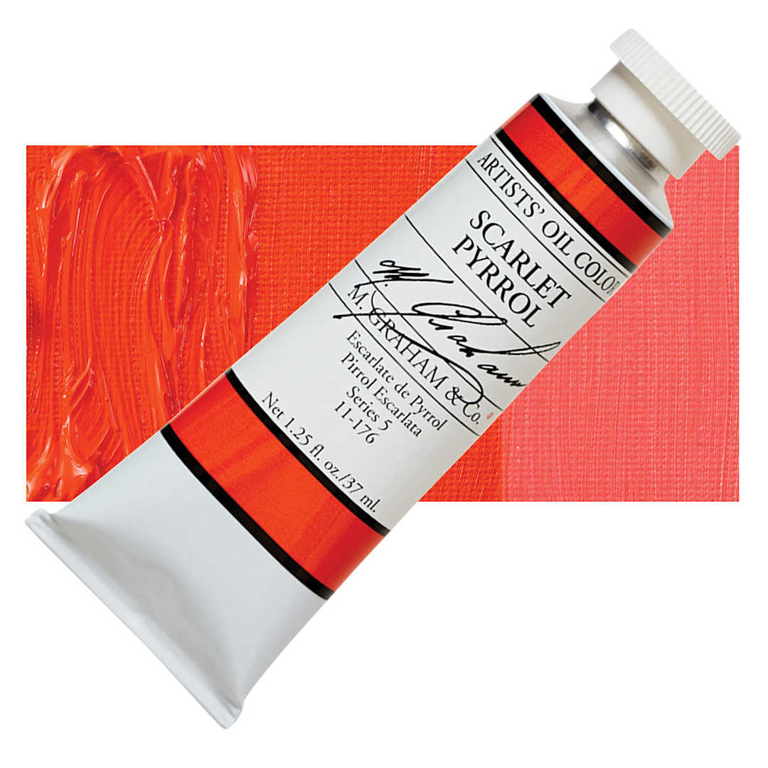 Open in modal - M. Graham Artists' Oil Color - Scarlet Pyrrol, 37 ml tube and swatch