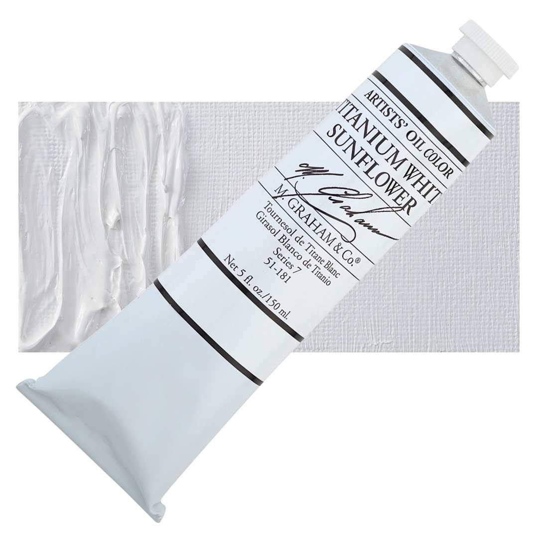 Open in modal - M. Graham Artists' Oil Color - Titanium White Sunflower, 150 ml tube and swatch