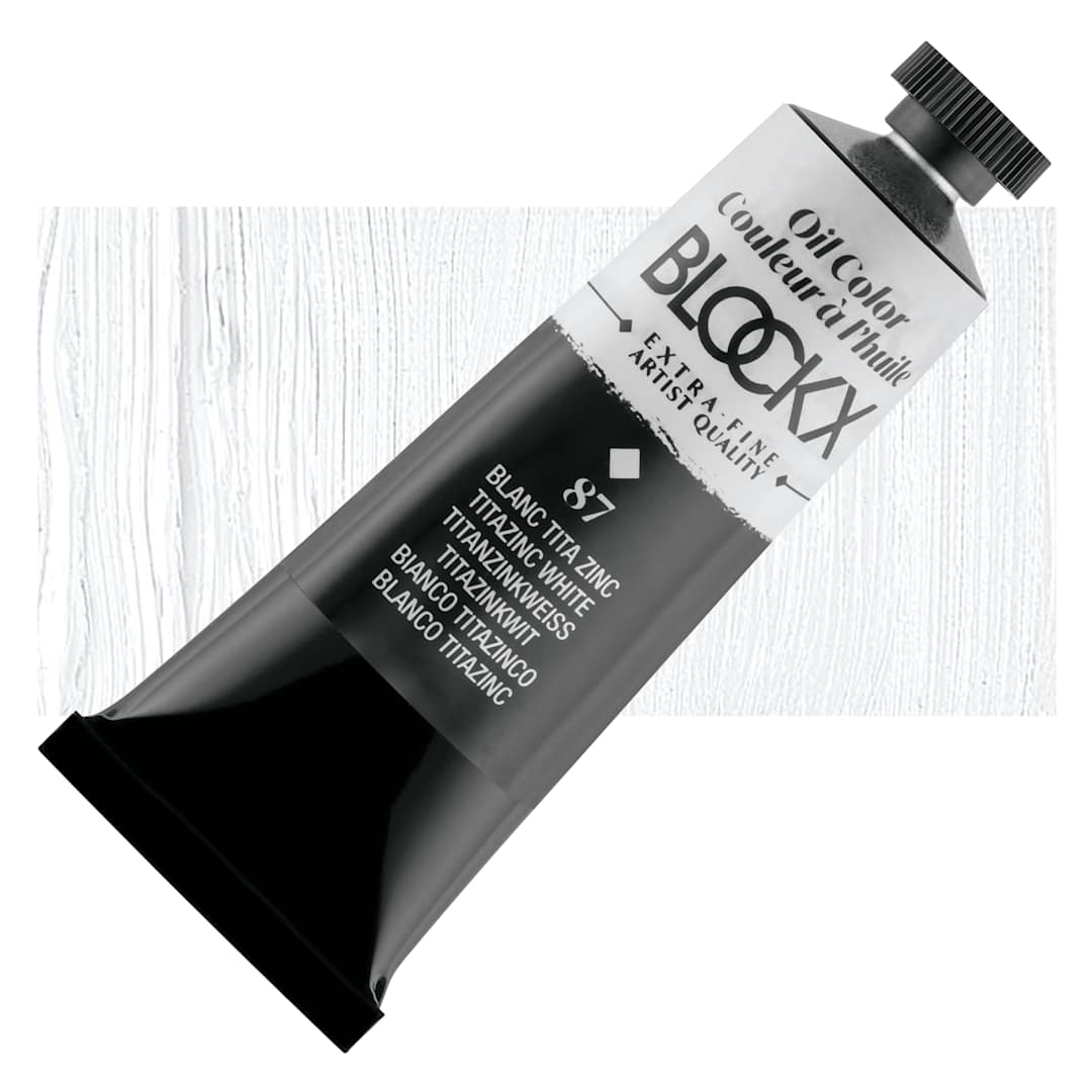 Open in modal - Blockx Artist Oil Color - Titanium-Zinc White, 35 ml tube and swatch