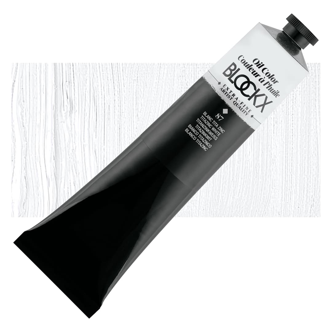 Open in modal - Blockx Artist Oil Color - Titanium-Zinc White, 200 ml tube and swatch