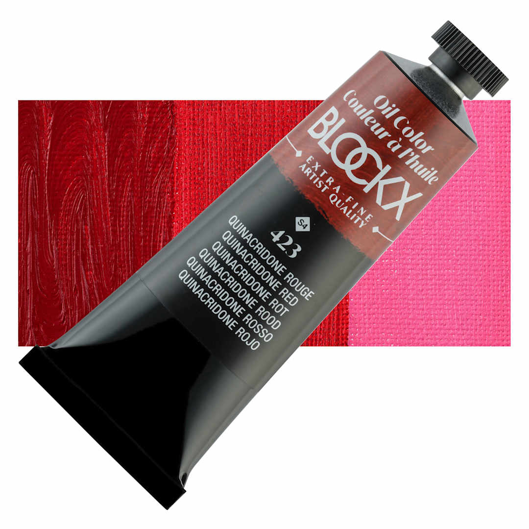Open in modal - Blockx Artist Oil Color - Quinacridone Red, 35 ml - Tube and Swatch
