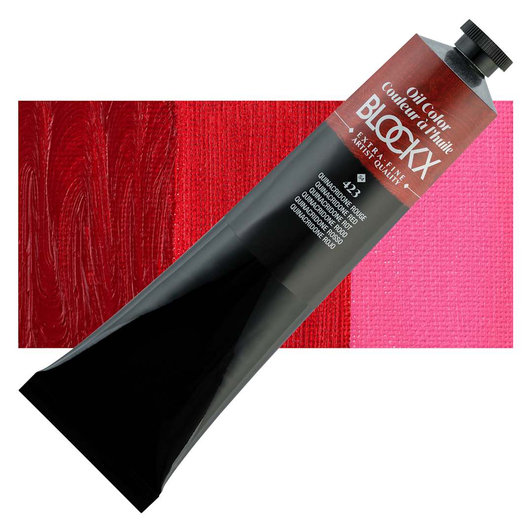Open in modal - Blockx Artist Oil Color - Quinacridone Red, 200 ml - Tube and Swatch
