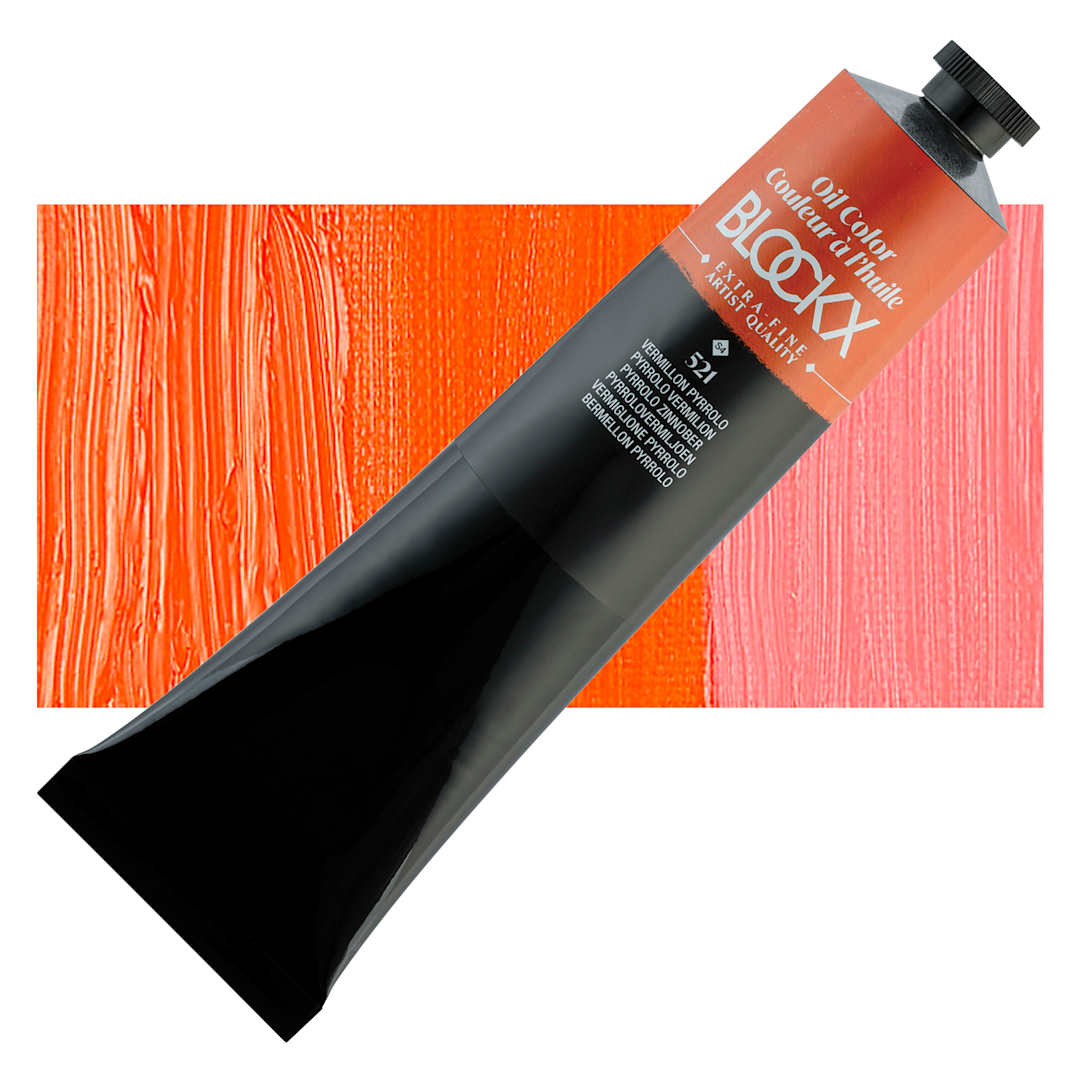 Open in modal - Blockx Artist Oil Color - Pyrrolo Vermilion, 200 ml tube and swatch