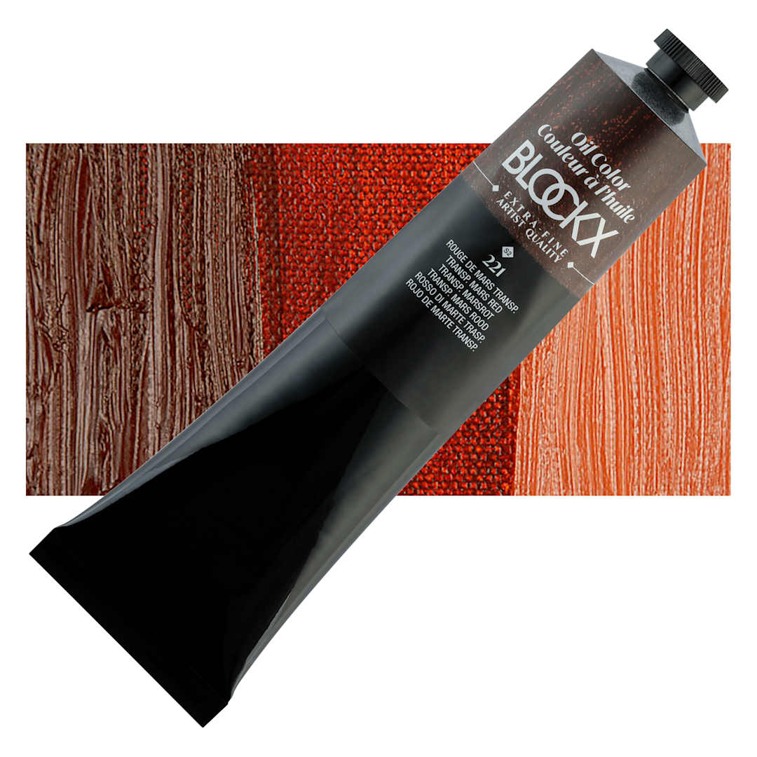 Open in modal - Blockx Artist Oil Color - Transparent Mars Red, 200 ml tube and swatch