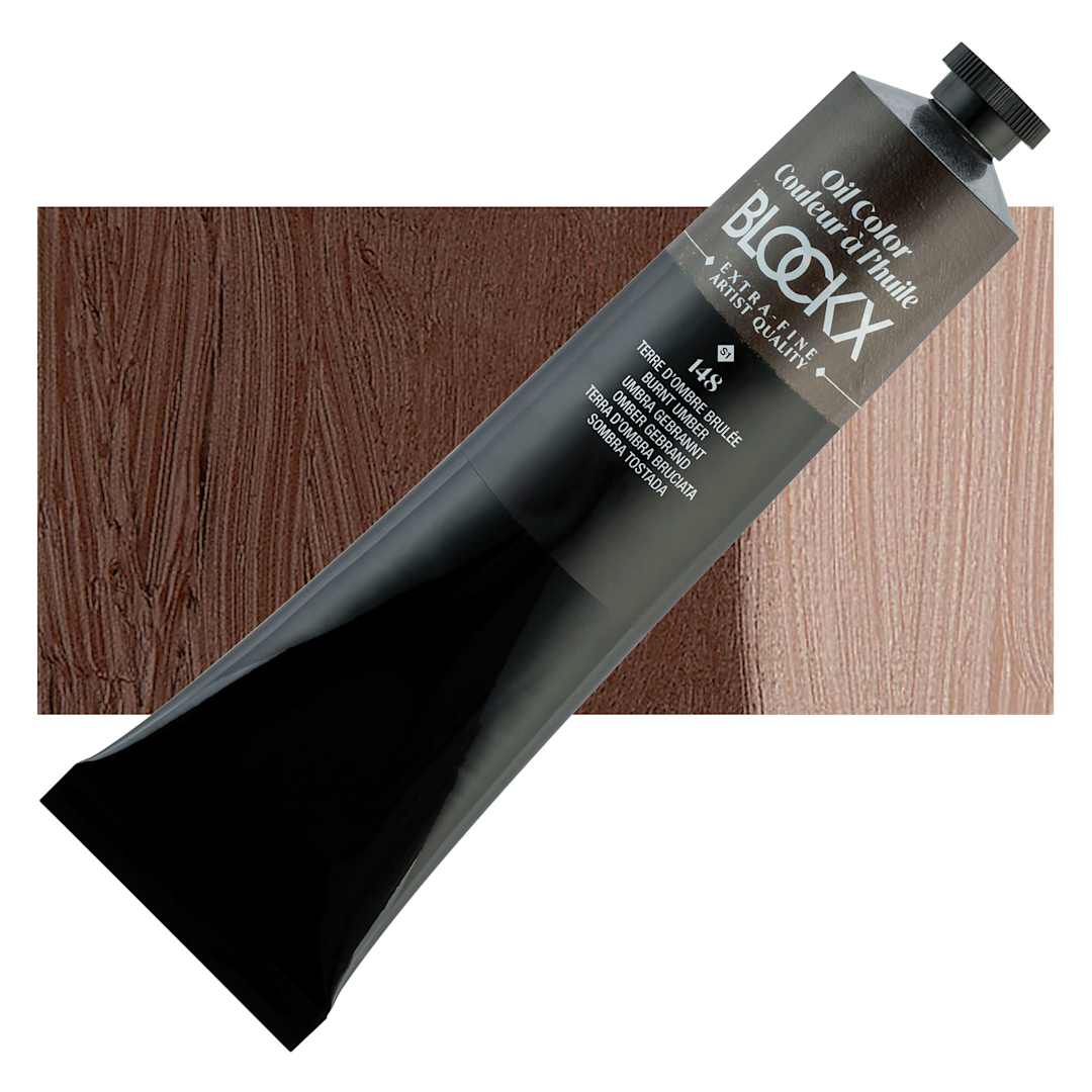 Open in modal - Blockx Artist Oil Color - Burnt Umber, 200 ml Tube and swatch