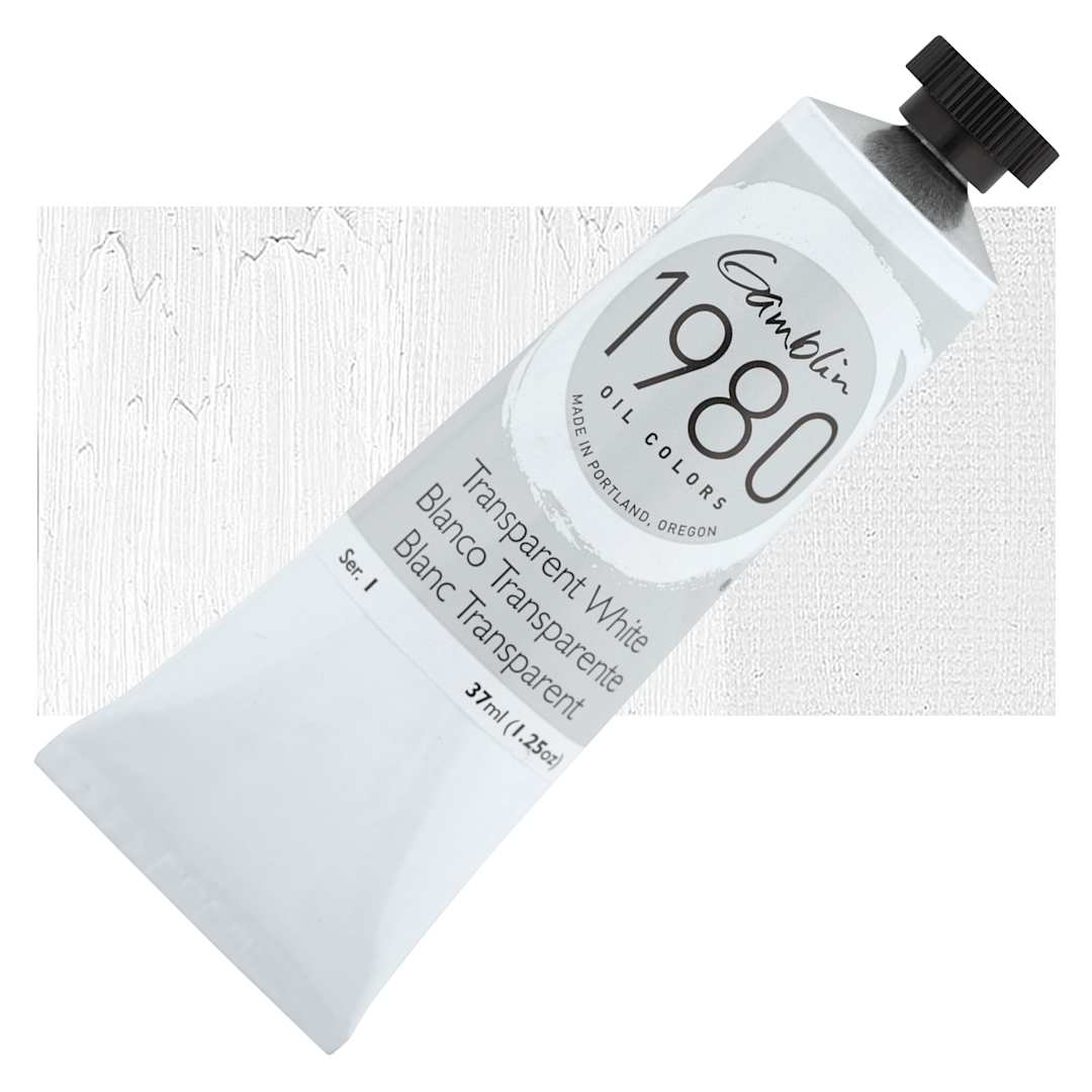 Open in modal - Gamblin 1980 Oil Paint - Transparent White, 37 ml tube and swatch