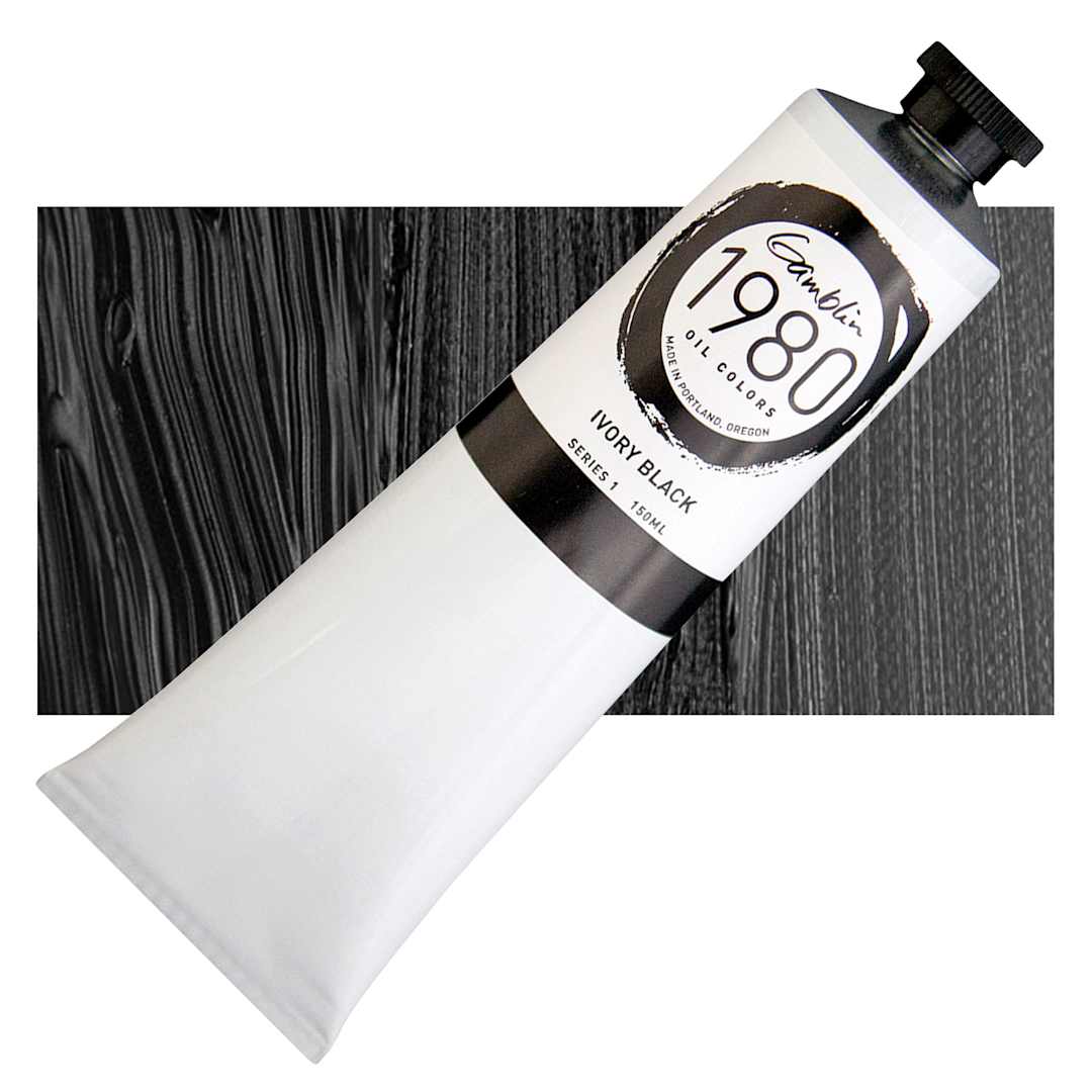 Open in modal - Gamblin 1980 Oil Paint - Ivory Black, 150 ml tube and swatch