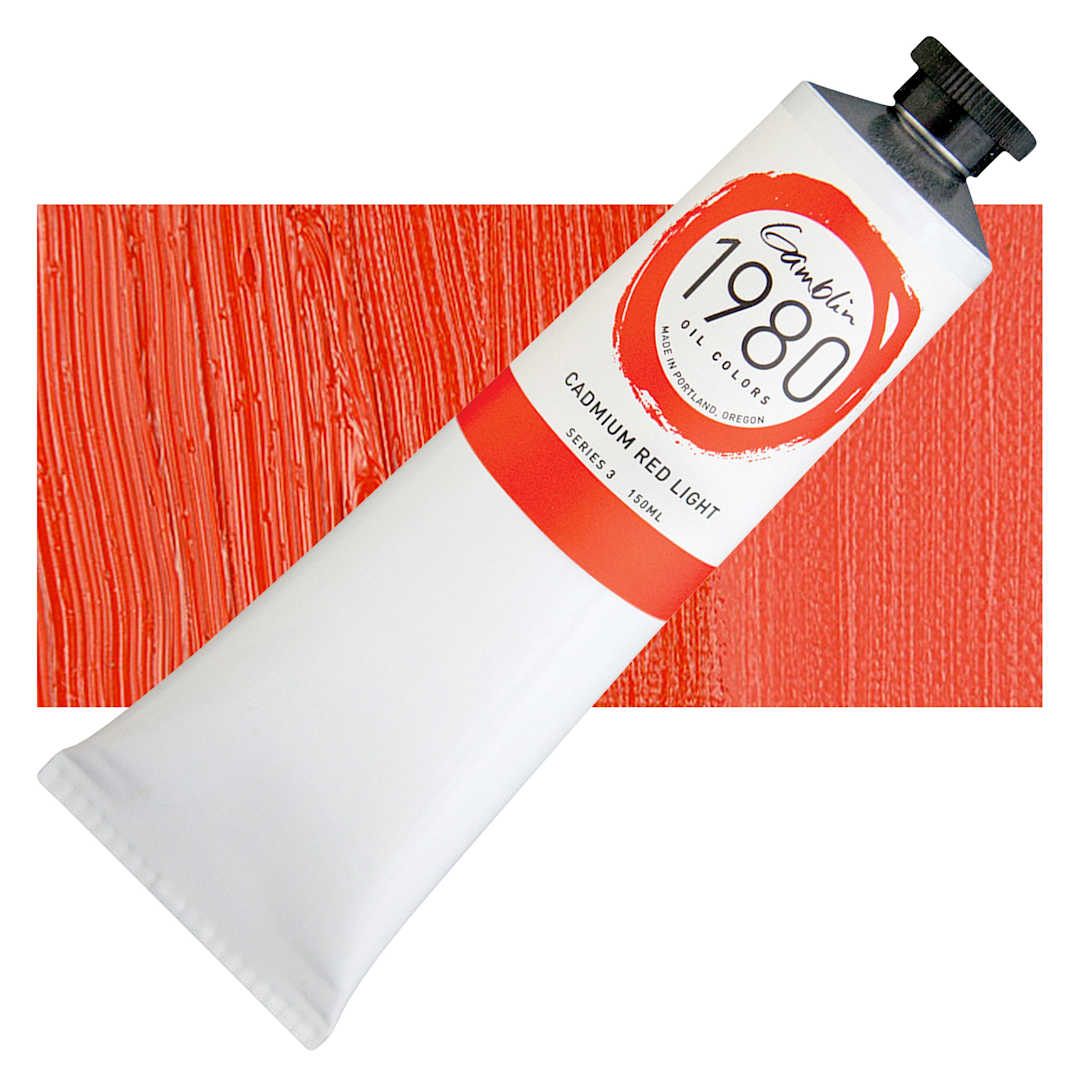 Open in modal - Gamblin 1980 Oil Paint - Cadmium Red Light, 150 ml tube and swatch